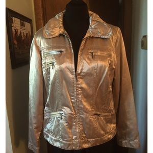 Chicos Zip Front Moto Style Gold Satin Shimmery Jacket Size 1 Medium